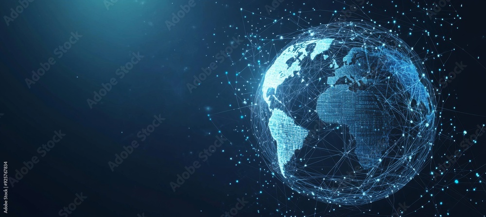 Naklejka premium Abstract blue digital background with glowing network connections and global connection concept on a dark blue backdrop. Abstract technology, internet, or business theme vector illustration design ele
