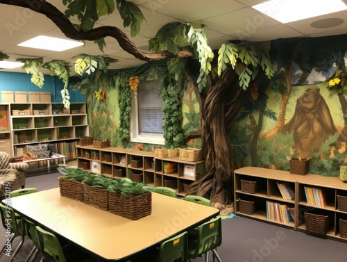 A classroom with a jungle theme, featuring a large, brown paper mache tree with green leaves hanging from the ceiling and green plants on the table. photo