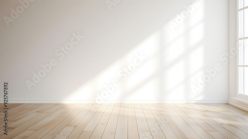 Minimalist white wall with wooden floor, soft light and shadow, empty room background, background, backdrop 