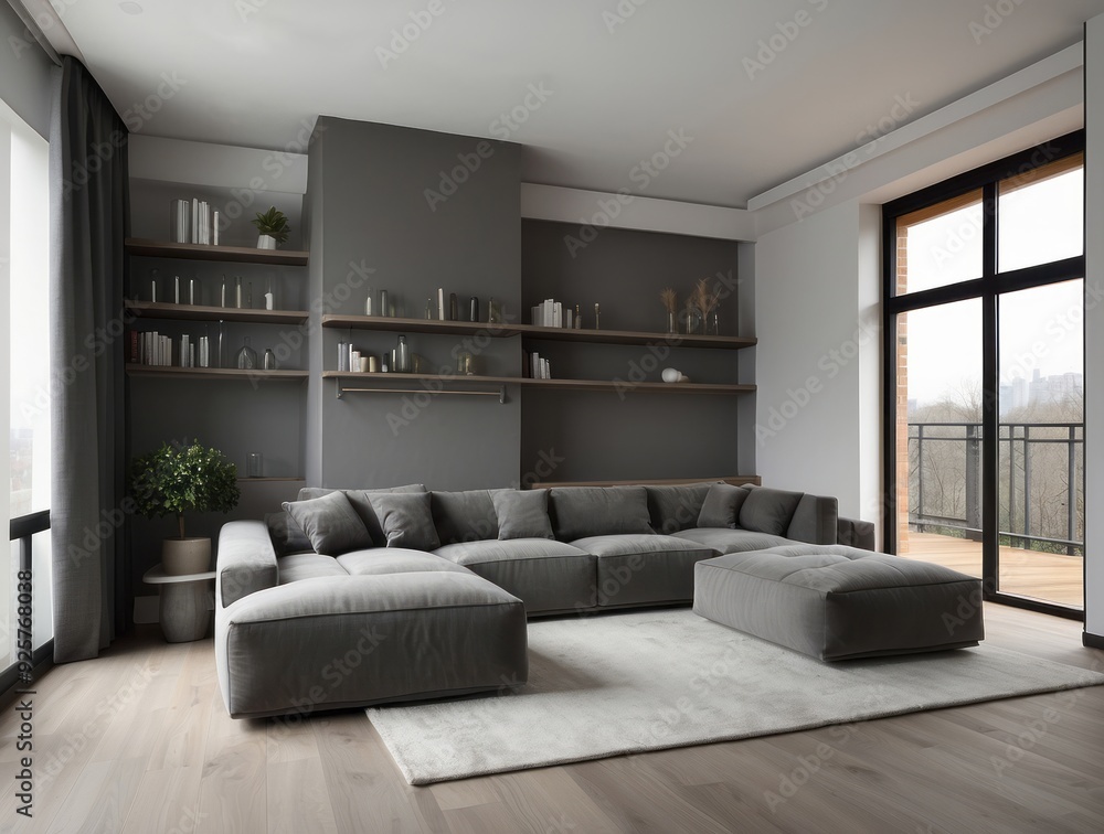 Fototapeta premium Modern Living Room with Gray Sectional Sofa and Floor-to-Ceiling Windows