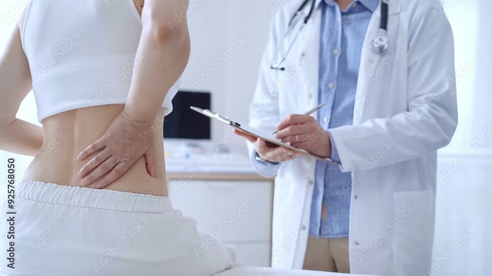 Doctor man is making notes on a clipboard while patient woman is describing back pain. Medicine and orthopedics concepts