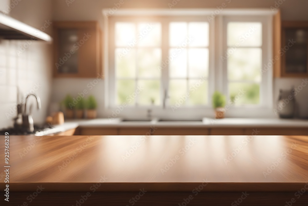 Empty wood tabletop or counter with display product. Blur image of kitchen room background. Empty wood tabletop or counter with display product. Blur image of kitchen room background.