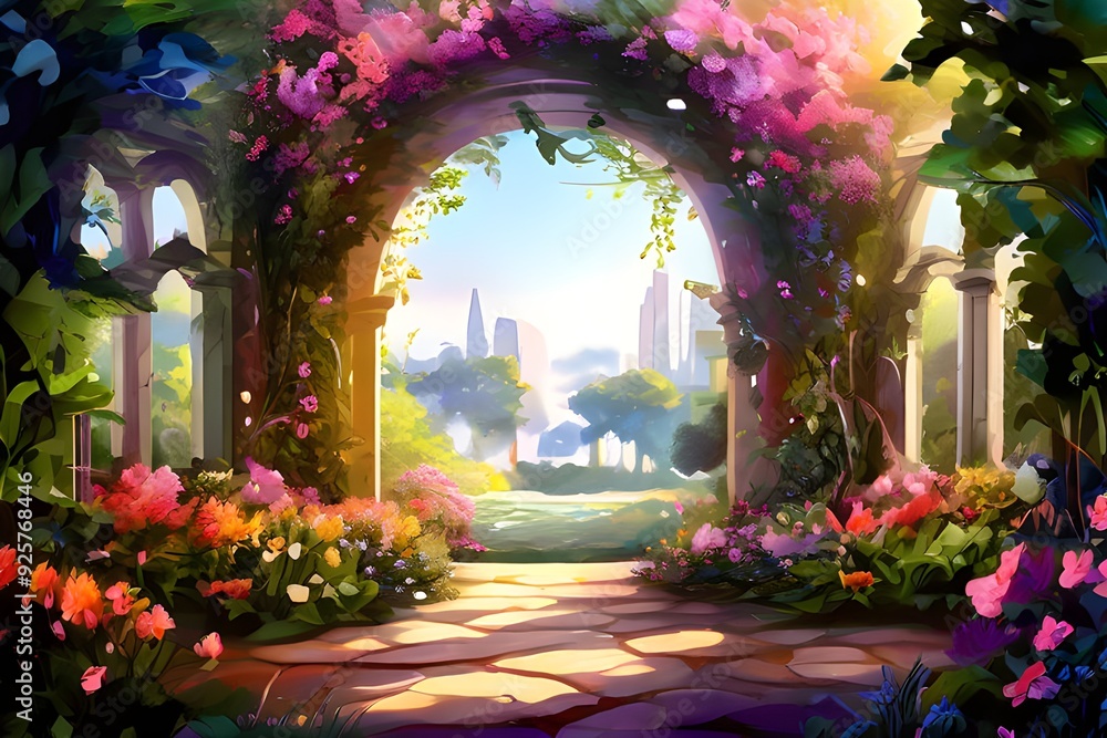 Fototapeta premium Enchanting garden wallpaper featuring vibrant flowers and serene landscapes, perfect for dream-inspired decor.