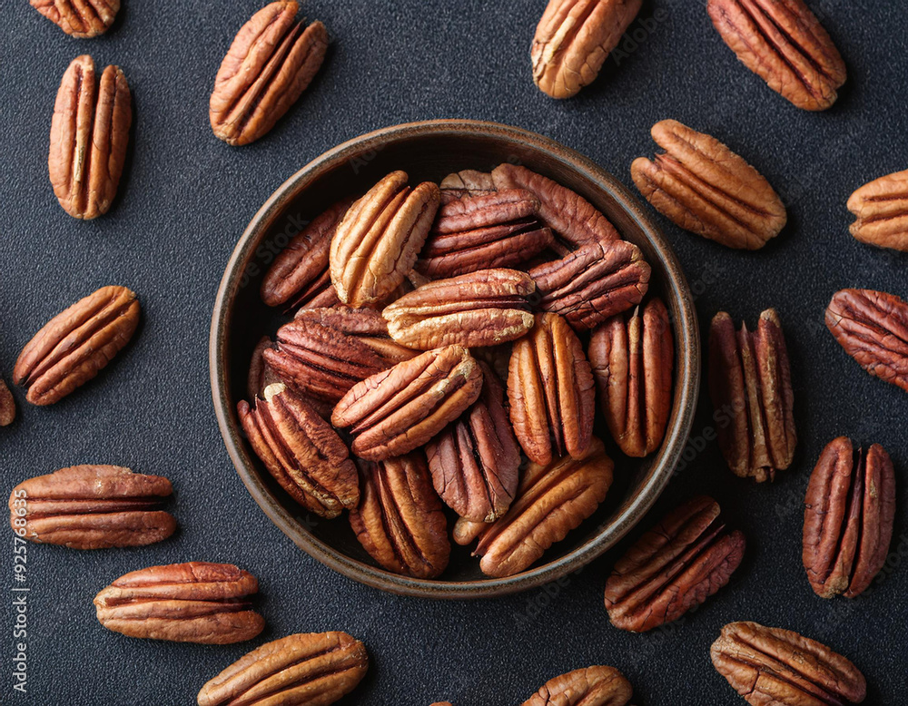 Top view of pecan on dark background. Top view of pecan on dark background.