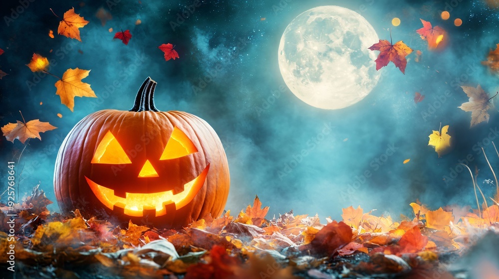 A glowing jack-o'-lantern surrounded by autumn leaves under a bright full moon, creating a spooky and atmospheric Halloween scene. A glowing jack-o'-lantern surrounded by autumn leaves under a bright full moon, creating a spooky and atmospheric Halloween scene.