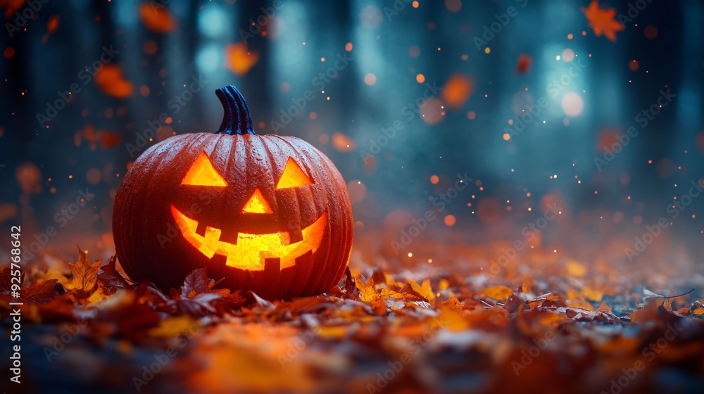 Fototapeta premium A glowing jack-o'-lantern sits amidst colorful autumn leaves in a dark, misty forest, creating a spooky and atmospheric Halloween scene.