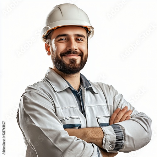 Portrait of a confident male construction worker with a beard, wearing a white hard hat and work uniform, smiling with arms crossed.