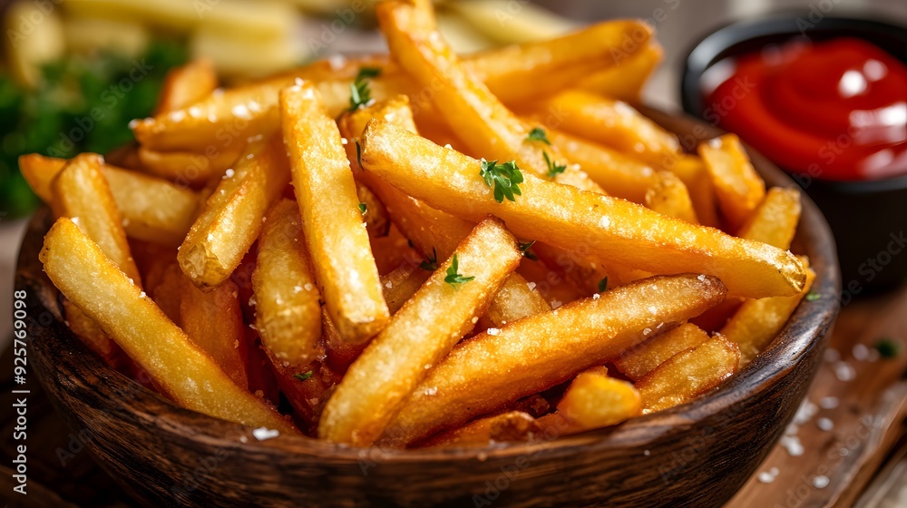 Close-Up Image of Golden Brown French Fries with Salt in a Wooden Bowl Close-Up Image of Golden Brown French Fries with Salt in a Wooden Bowl