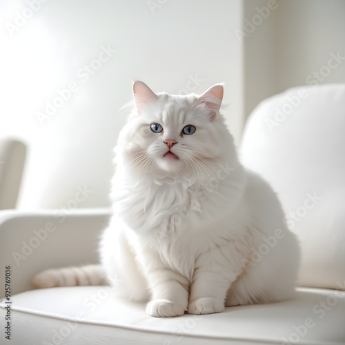 a white cat sitting on top of a white chair