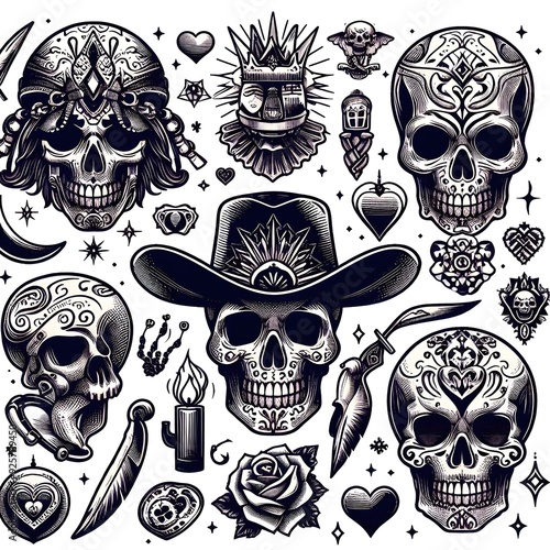 Sugar Skull Tattoo Design Elements Day of the Dead Skull Illustration
