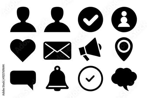 Silhouette Social Media Icons Set: Like Button, Comment Bubble, Share Arrow, Profile Avatar, Notification Bell, Hashtag, Message Envelope Vector Illustration