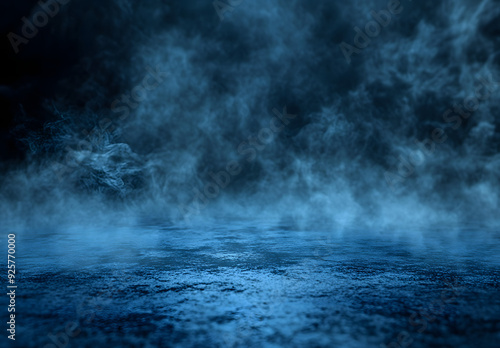 "Abstract Blue Mist and Smoke Background with Empty Floor"