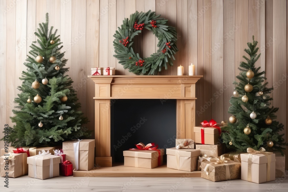 Christmas Decor with a Fireplace, Two Trees, and Presents Christmas Decor with a Fireplace, Two Trees, and Presents