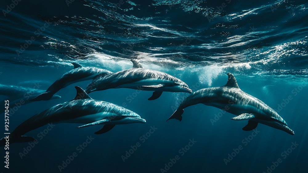 Naklejka premium Dolphins Swimming in a Deep Blue Sea