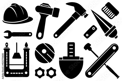 Construction Tool Icons Set: Hammer, Wrench, Screwdriver, Hard Hat, Saw, Toolbox - Vector Silhouette Illustration