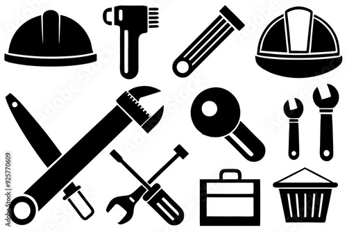 Construction Tool Icons Set: Hammer, Wrench, Screwdriver, Hard Hat, Saw, Toolbox - Vector Silhouette Illustration