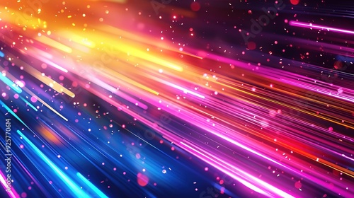 Abstract background with diagonal neon lights and glowing particles.