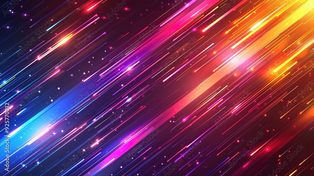 Fototapeta premium Abstract background with diagonal neon lines and glowing particles.