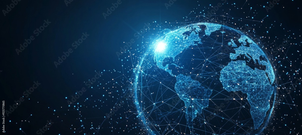 Fototapeta premium Abstract digital background with glowing network connections and a global map, symbolizing technology, connectivity, data transfer, and cyber security in a futuristic style