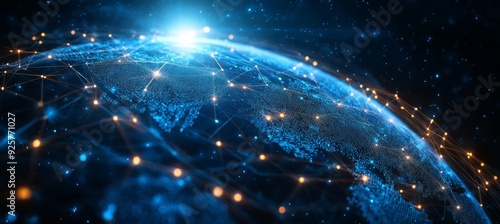 Abstract digital background with glowing network connections and a global map, symbolizing technology, connectivity, data transfer, and cyber security in a futuristic style