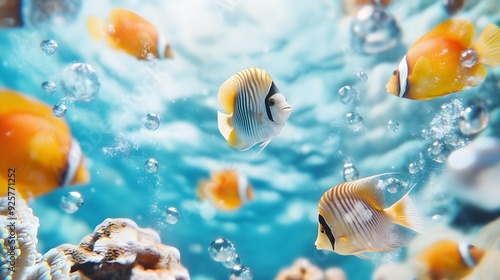 Vibrant school of tropical reef fish gliding among colorful coral formations, watercolor, with a luminous underwater atmosphere photo