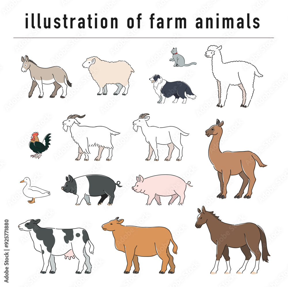 牧場の動物の手描きイラストセット 牧場の動物の手描きイラストセット