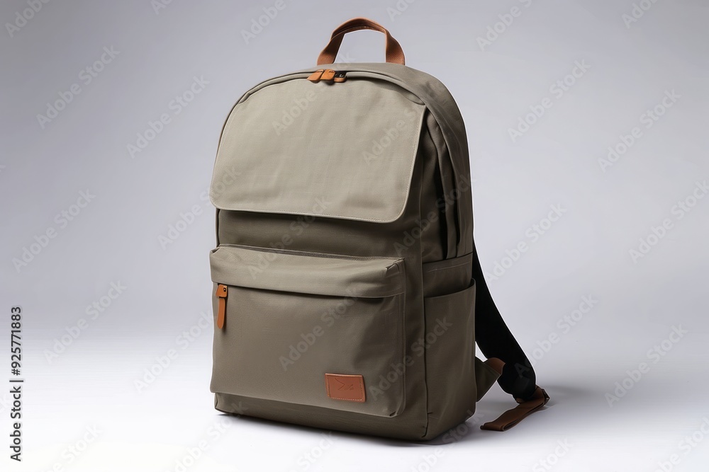 Fototapeta premium Olive Green Canvas Backpack with Leather Accents