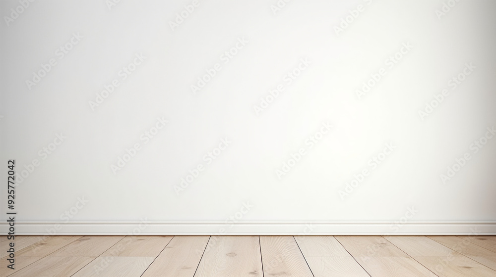 A photograph of an empty white wall with light wood flooring, background, backdrop A photograph of an empty white wall with light wood flooring, background, backdrop