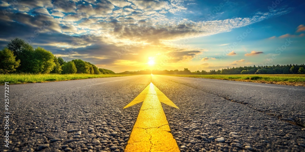 Yellow arrow on a worn asphalt path guides the way forward as footsteps ...
