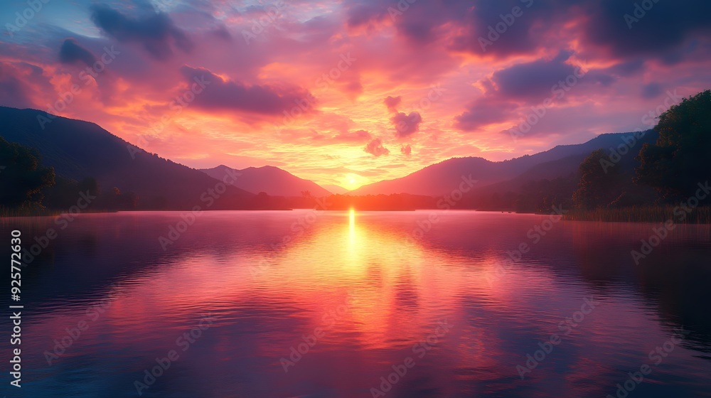 Serene Sunset Landscape with Mountains and Water Reflection - Illustration Serene Sunset Landscape with Mountains and Water Reflection - Illustration