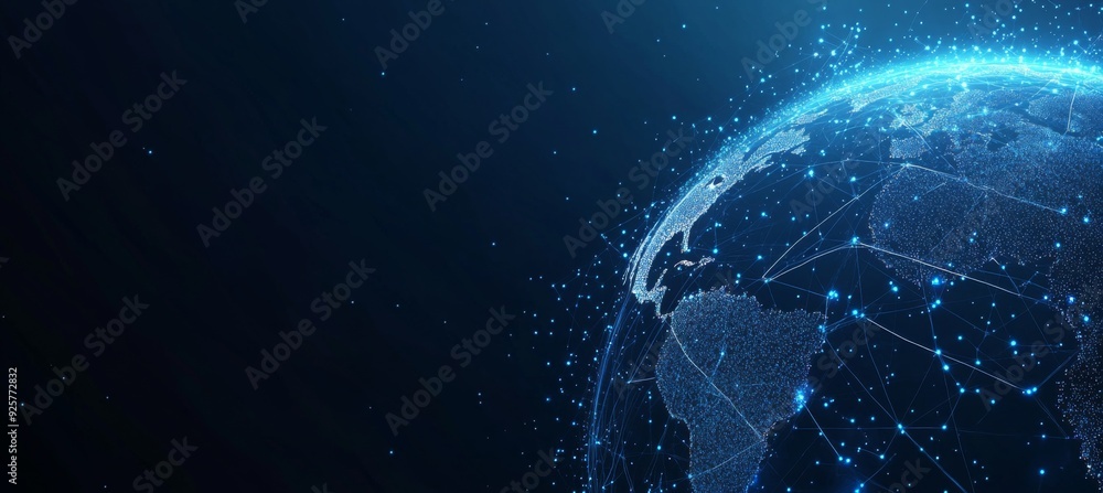 Obraz premium Abstract digital background with glowing network connections and a global map, symbolizing technology, connectivity, data transfer, and cyber security in a futuristic style