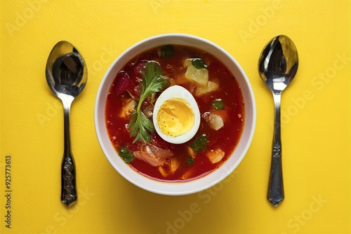 fresh soup with boiled eggon a table on yellow background photo