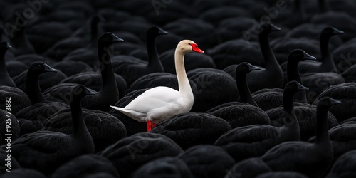 Fototapeta Naklejka Na Ścianę i Meble -  One White Swan in a Sea of Black: A single, elegant white swan stands out amidst a crowd of black swans, symbolizing individuality, uniqueness, and the power of standing out. 