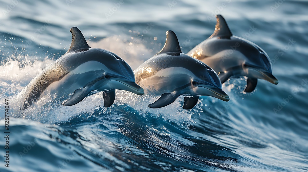 Fototapeta premium Three Dolphins Leaping Through a Wave