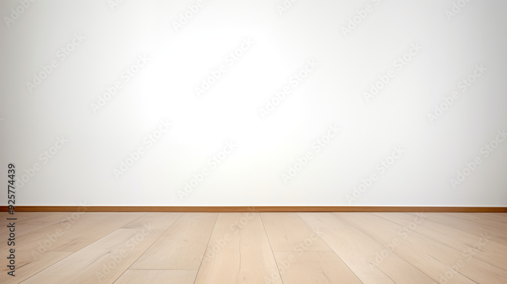 A photograph of an empty white wall with light wood flooring, background, backdrop A photograph of an empty white wall with light wood flooring, background, backdrop