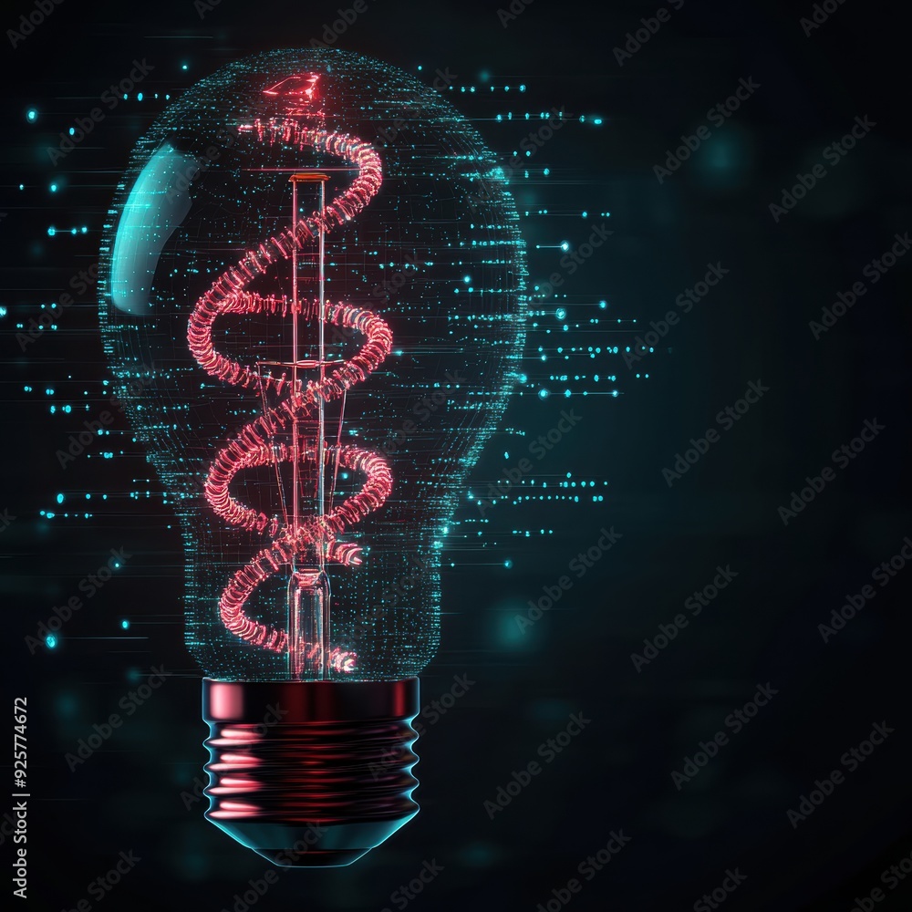 Obraz premium A glowing DNA helix inside the light bulb captures the essence of genetic innovation, biotechnology, and the pursuit of scientific discovery.