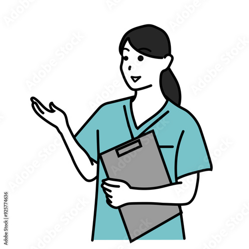 バインダーを持って案内する女性医療従事者のイラスト