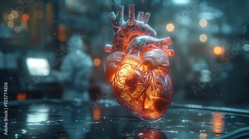 Detailed Medical of a Glowing and Vibrant Human Heart with Fiery Textural Details photo