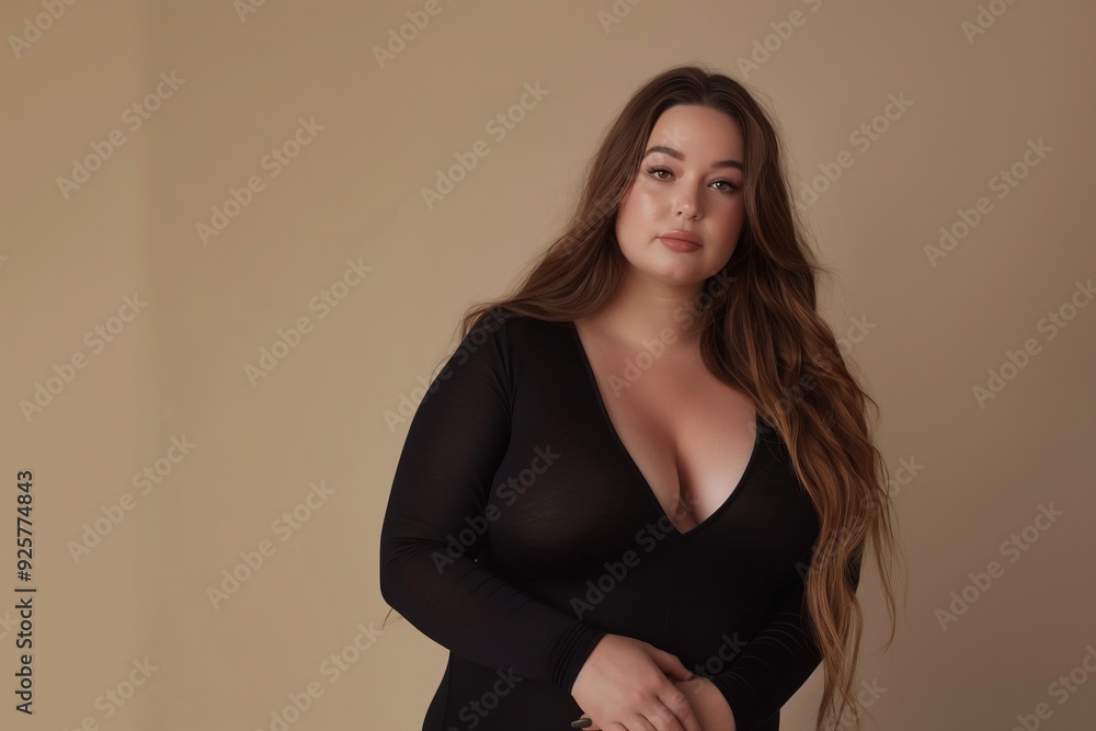A woman with long brown hair, wearing a black bodysuit, looks at the camera with a neutral expression against a beige background. A woman with long brown hair, wearing a black bodysuit, looks at the camera with a neutral expression against a beige background.