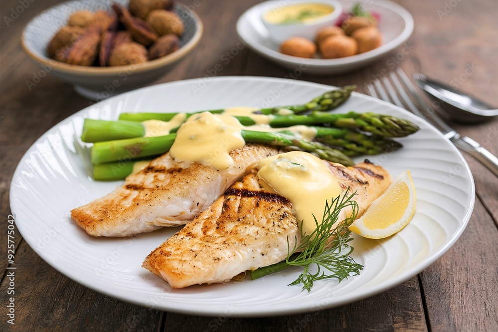 Two tilapia filets with a side of asparagus in hollandaise sauce Two tilapia filets with a side of asparagus in hollandaise sauce