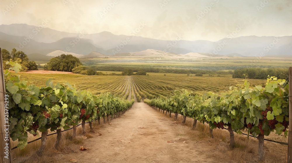 Vineyard Pathway: A rustic pathway leads through lush green vineyards towards a breathtaking panorama of rolling hills and distant mountains, bathed in the warm glow of a setting sun. Vineyard Pathway: A rustic pathway leads through lush green vineyards towards a breathtaking panorama of rolling hills and distant mountains, bathed in the warm glow of a setting sun.