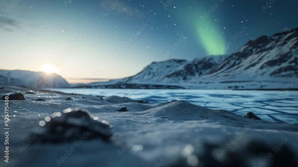 Arctic Lights Dance at Dawn: Witness the ethereal beauty of the Northern Lights painting the sky above a serene, snow-covered Icelandic landscape as the sun gently rises Arctic Lights Dance at Dawn: Witness the ethereal beauty of the Northern Lights painting the sky above a serene, snow-covered Icelandic landscape as the sun gently rises