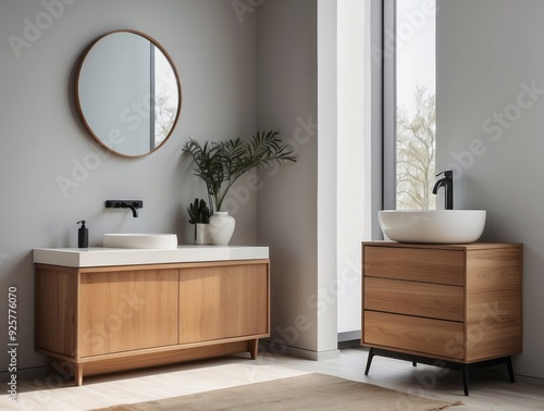 Modern Bathroom Vanity with Wooden Cabinets and a White Vessel Sink