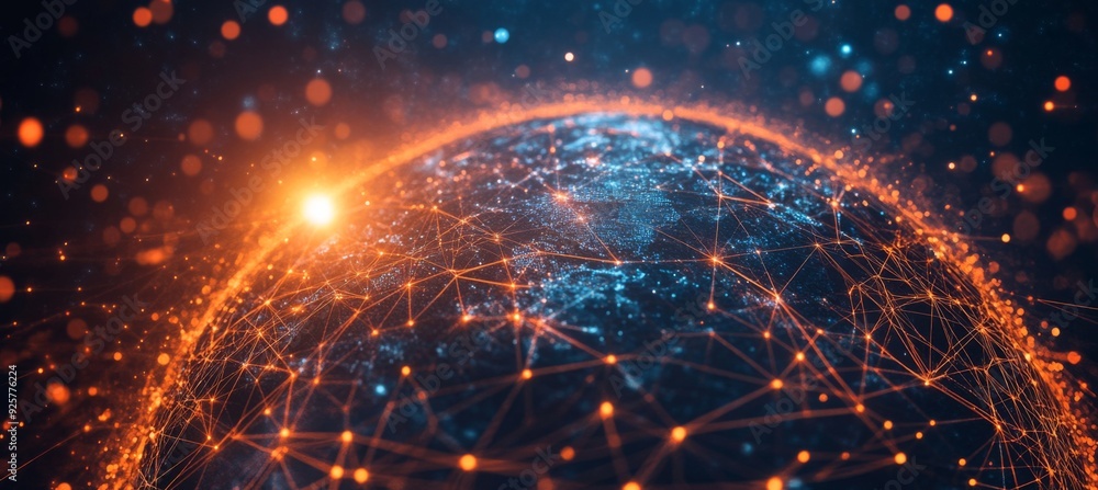 Obraz premium Abstract digital background with glowing network connections and a global map, symbolizing technology, connectivity, data transfer, and cyber security in a futuristic style