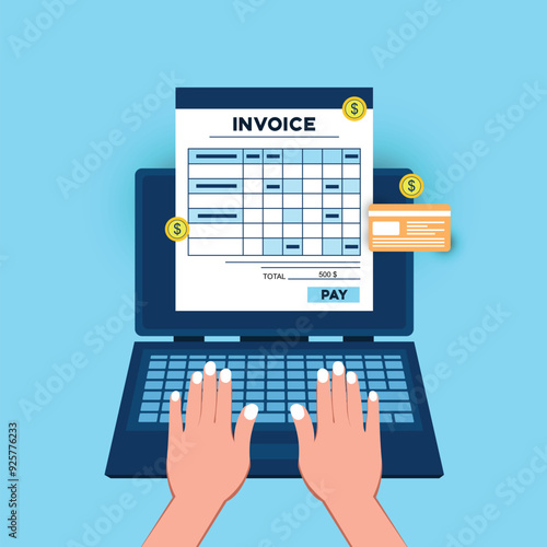 Online payment service. Invoice form on the laptop screen. Human hands on the keyboard. Internet banking concept. Online paying