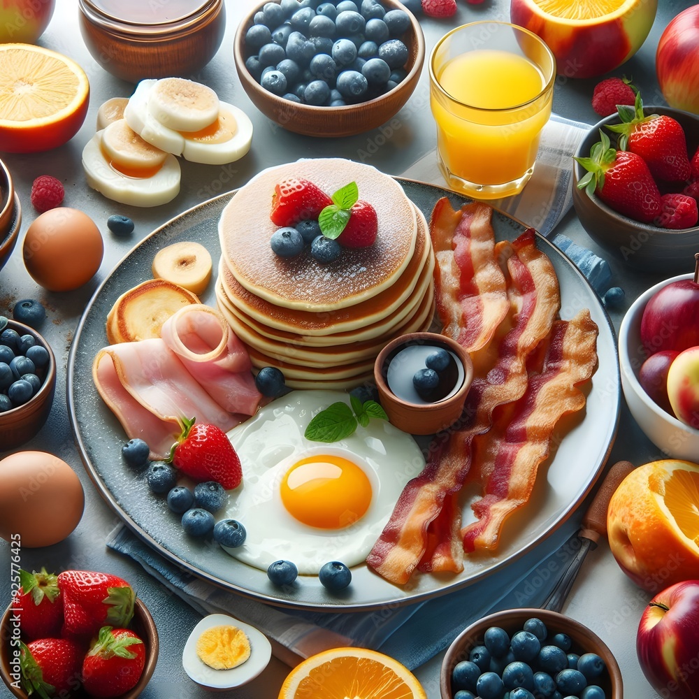 Delicious Breakfast Plate with Pancakes, Bacon, Eggs, and Fresh Fruit Delicious Breakfast Plate with Pancakes, Bacon, Eggs, and Fresh Fruit