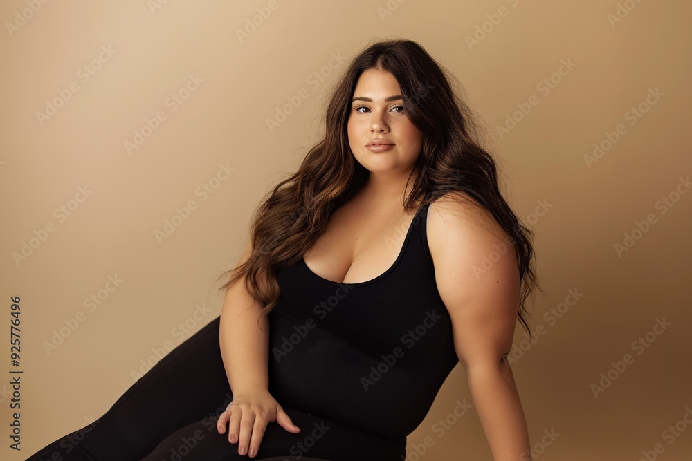 Naklejka premium A young woman with long brown hair, wearing a black tank top and leggings, sits on a light brown background.