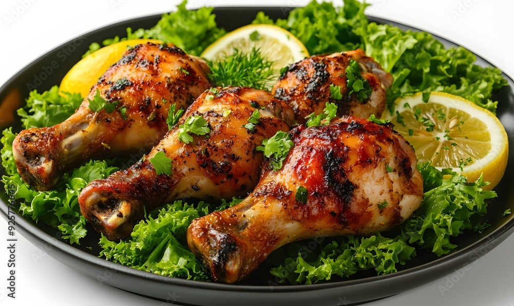 Grilled Chicken Legs with Lemon and Lettuce - Photo Grilled Chicken Legs with Lemon and Lettuce - Photo