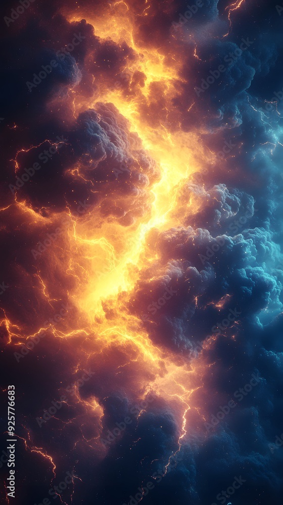 Abstract Background of Golden and Blue Lightning Bolts in Dark Clouds Abstract Background of Golden and Blue Lightning Bolts in Dark Clouds