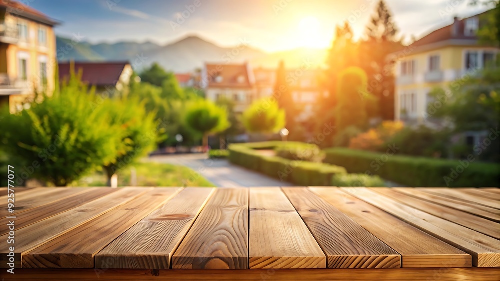 Empty wooden tabletop or counter with display product. Blur image of town and city background with sunlight. Empty wooden tabletop or counter with display product. Blur image of town and city background with sunlight.